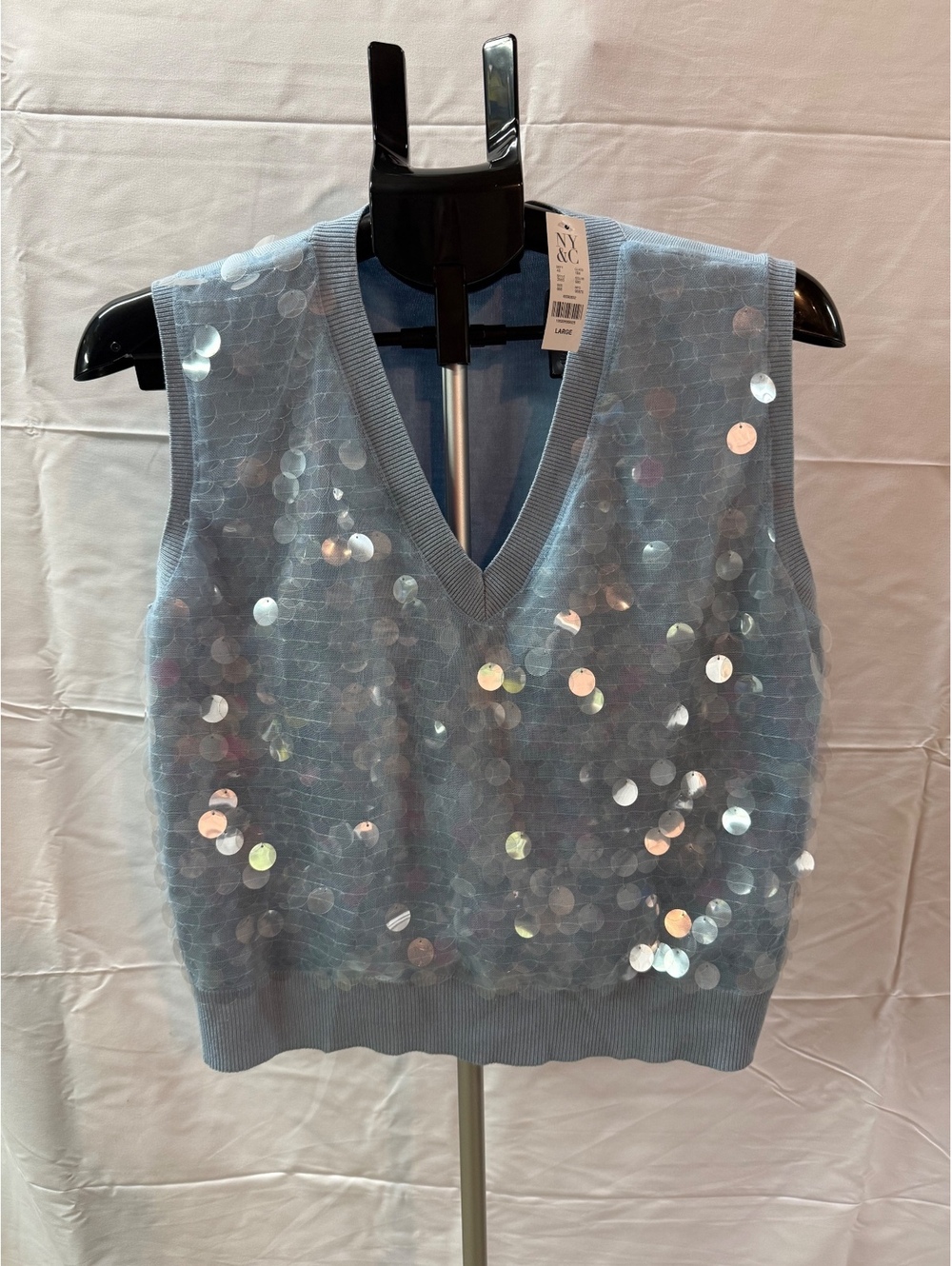 New York & Company Light Blue Sequin Embellished Sweater Vest Size L